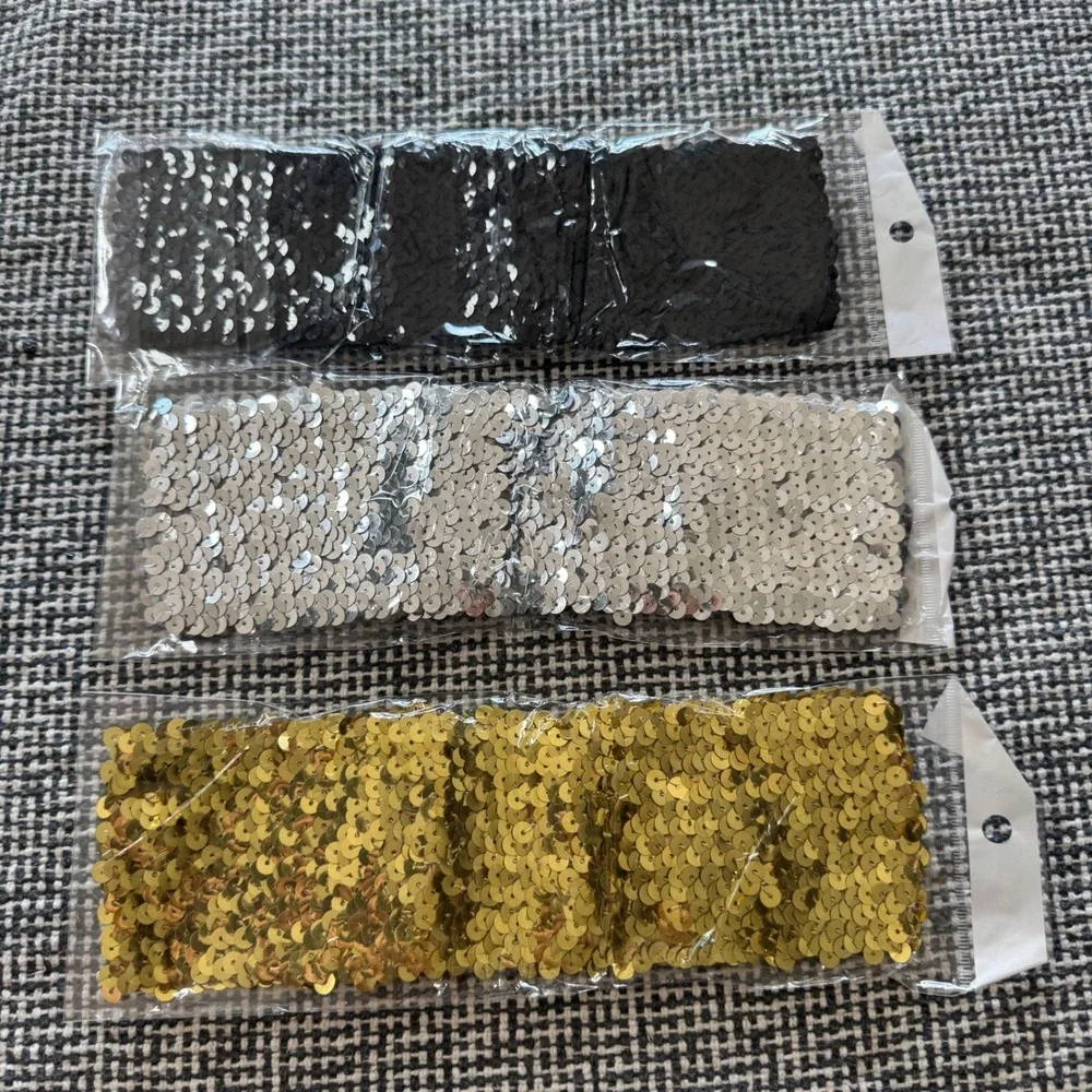 3 Pcs Sequin Glitter Dressy Belt Set Black Silver Gold Wide Elastic Cinch